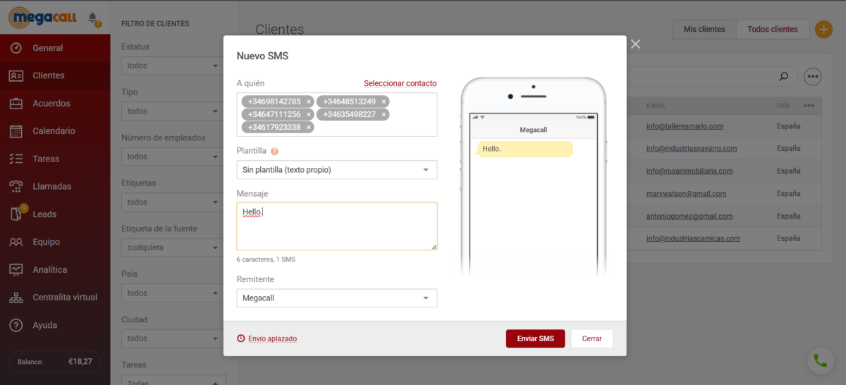 Enviar SMS Megacall CRM
