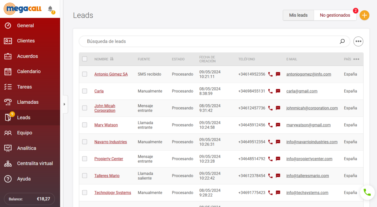 Leads Megacall CRM