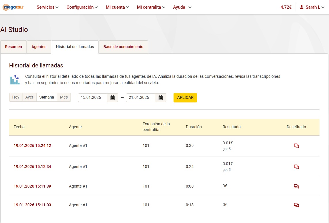 historia de llamadas IA