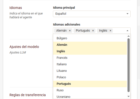 idiomas agente de voz Ia