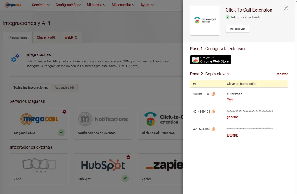 Configuración de la integración Click to Call en el área personal de Megacall